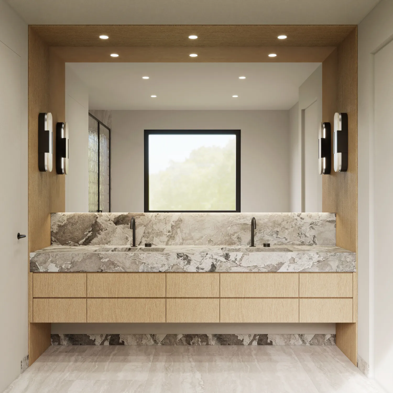 Floating oak double vanity with a marble counter and black taps under a wide mirror